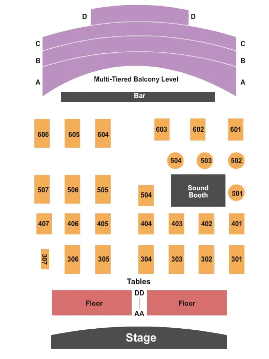 End Stage Seating Chart at The Queen. The chart shows the main floor/stage with seating options surrounding it, which are color coded