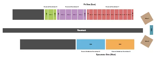 Racetrack 4 Seating Chart at World Wide Technology Raceway at Gateway. The chart shows the main floor/stage with seating options surrounding it, which are color coded