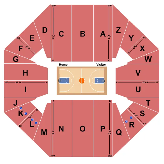 Basketball Seating Chart at Worthen Arena. The chart shows the main floor/stage with seating options surrounding it, which are color coded