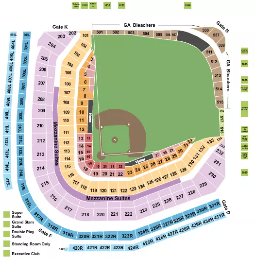 Baseball - Regular Season Seating Chart at Wrigley Field. The chart shows the main floor/stage with seating options surrounding it, which are color coded