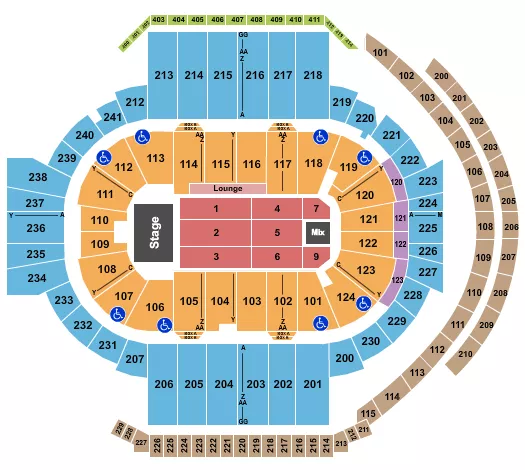 Andrea Bocelli Seating Chart at PeoplesBank Arena. The chart shows the main floor/stage with seating options surrounding it, which are color coded