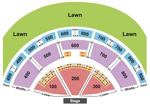 Endstage 1 Seating Chart at Xfinity Theatre. The chart shows the main floor/stage with seating options surrounding it, which are color coded
