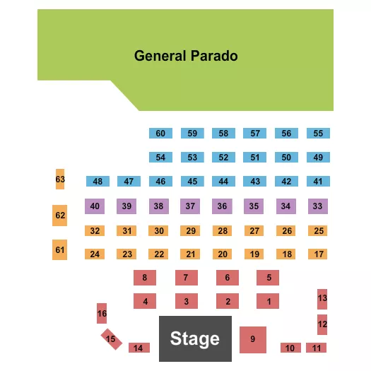 Endstage Seating Chart at Xperience Live. The chart shows the main floor/stage with seating options surrounding it, which are color coded