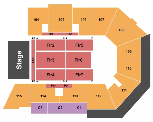Endstage 6 Seating Chart at Xtream Arena. The chart shows the main floor/stage with seating options surrounding it, which are color coded