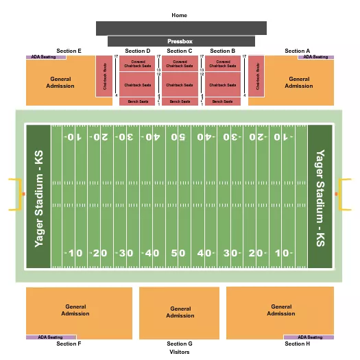 Football Seating Chart at Yager Stadium. The chart shows the main floor/stage with seating options surrounding it, which are color coded