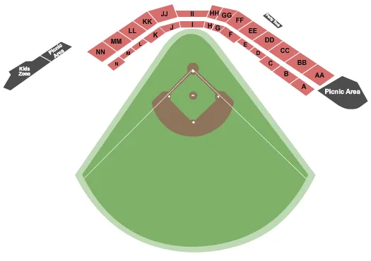 Baseball Seating Chart at Yogi Berra Stadium. The chart shows the main floor/stage with seating options surrounding it, which are color coded