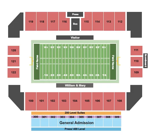 Football Seating Chart at Zable Stadium. The chart shows the main floor/stage with seating options surrounding it, which are color coded